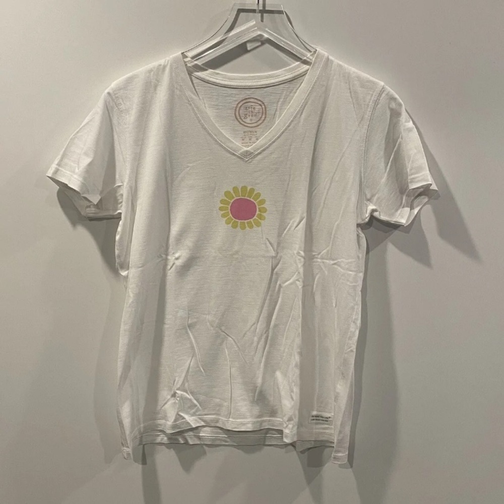 Life is Good Womens White Daisy Flower Graphic V-Neck T-Shirt Semi-Fitted Medium